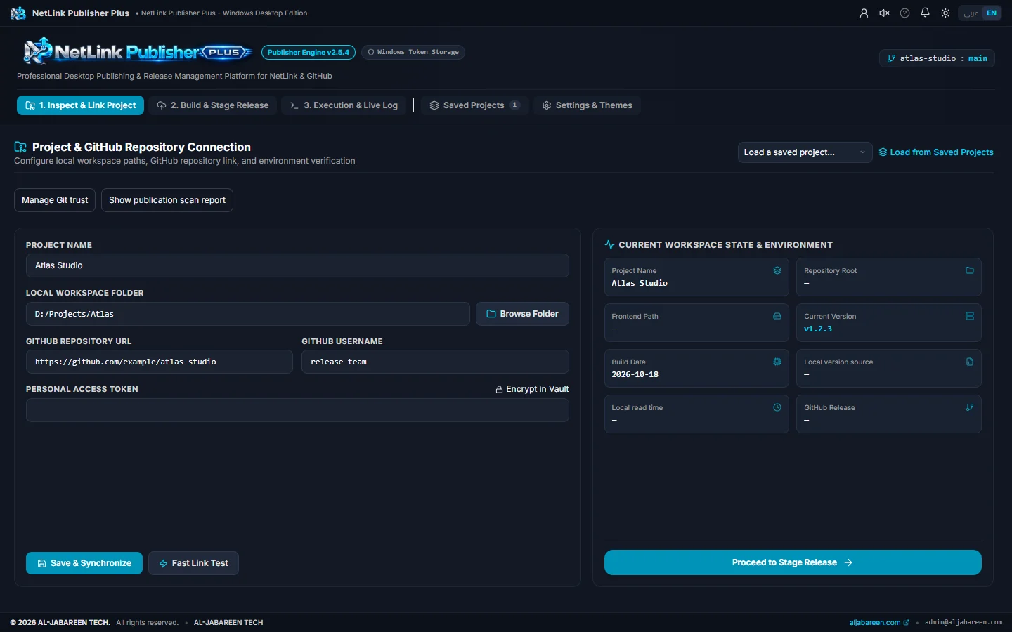 NetLink Publisher Plus — interface with illustrative project data