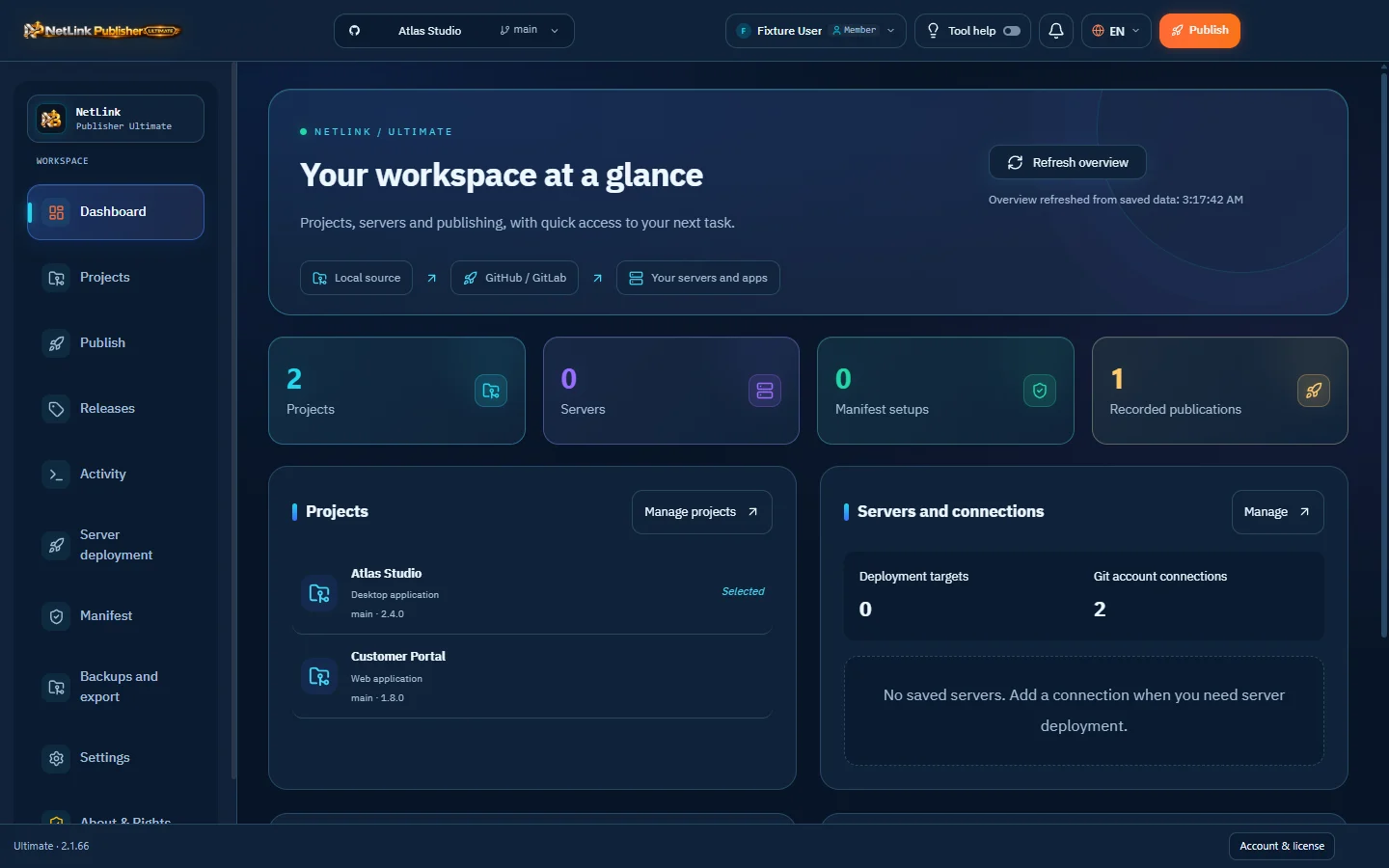NetLink Publisher Ultimate — interface with illustrative project data