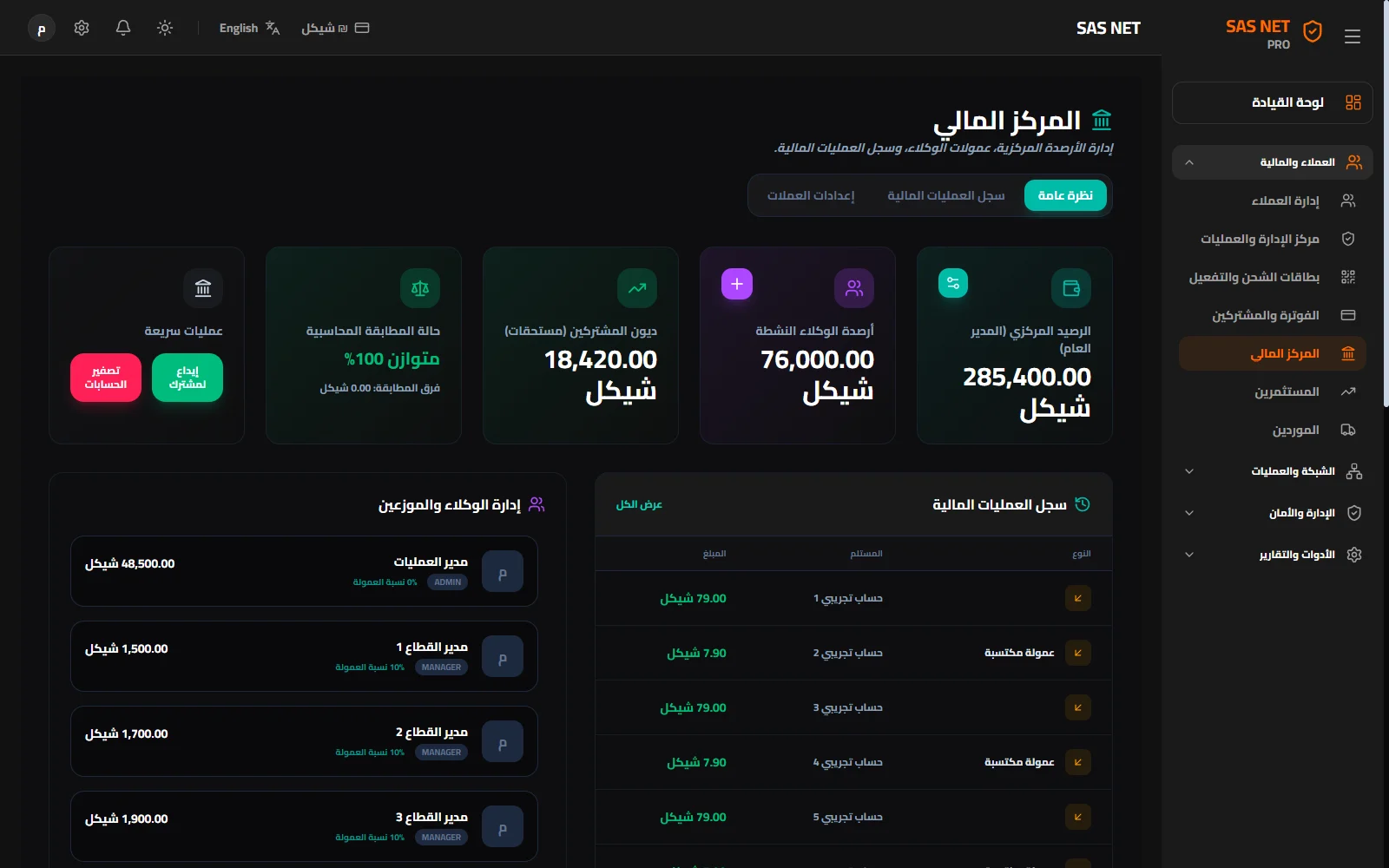 المركز المالي — الأرصدة والمحافظ والحركات في مساحة متابعة مشتركة.